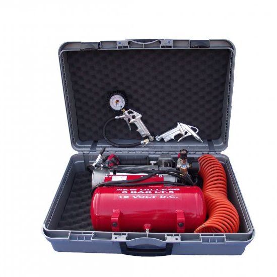 Compressore Bicilindrico 12V DC con serbatoio Lt.5 VENTILATO per lavoro ciclo continuo