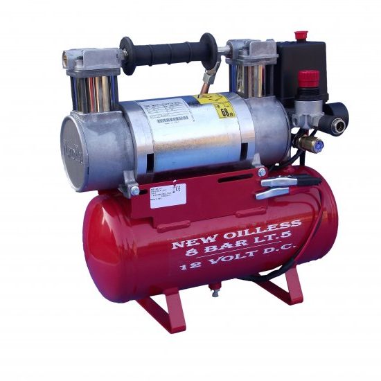 Compressore Bicilindrico 12V DC con serbatoio Lt.5 VENTILATO per lavoro ciclo continuo