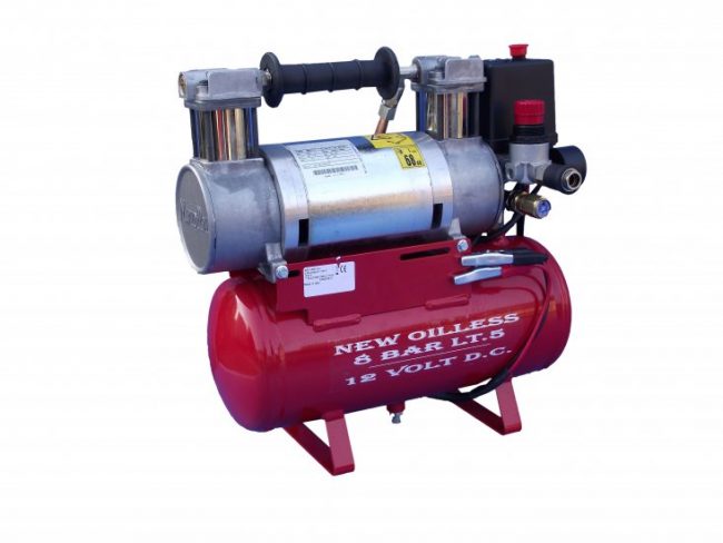 Compressore Bicilindrico 12V DC con serbatoio Lt.5 VENTILATO per lavoro ciclo continuo